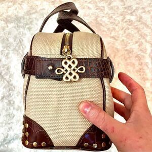 Vintage Diane Von Furstenberg Croc Embossed Leather and Cream Canvas Handbag